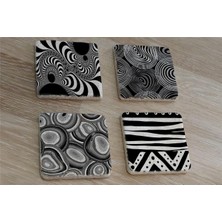 Tablosan Siyah Beyaz Geometrik Desenler Doğal Taş Bardak Altlığı 4'lü Set - Natural Stone Coasters