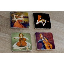 Tablosan Keman ve Violonsel Çalan Kızlar Doğal Taş Bardak Altlığı 4'lü Set - Natural Stone Coasters