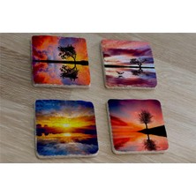 Tablosan Gün Batımı Tek Ağaçlar Doğal Taş Bardak Altlığı 4'lü Set - Natural Stone Coasters