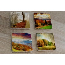 Tablosan Sonbahar Manzaraları Doğal Taş Bardak Altlığı 4'lü Set - Natural Stone Coasters