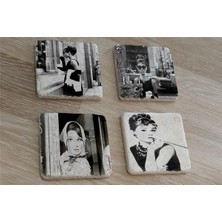 Tablosan Siyah Beyaz Audrey Hepburn Fotoğrafları Doğal Taş Bardak Altlığı 4'lü Set - Natural Stone Coasters