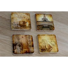 Tablosan Kolaj Rönesans Eyfel Kulesi ve Eski Savaş Gemisi Doğal Taş Bardak Altlığı 4'lü Set - Natural Stone Coasters