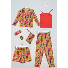 For You Kids 7'li  Biyeli Tropikal Desen Turuncu Pijama Takımı