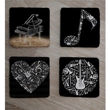 Tablosan Siyah Beyaz Müzik Görselleri Doğal Taş Bardak Altlığı 4'lü Set - Natural Stone Coasters
