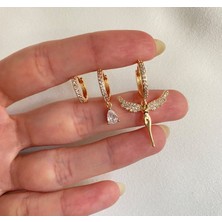 OkkoStore Kadın Gold Renkli Melek Detaylı 3'lü Küpe Seti
