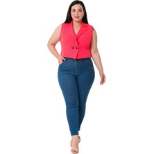 Disentis Modest Büyük Beden Kruvaze Çift Düğmeli Coral Mini Yelek