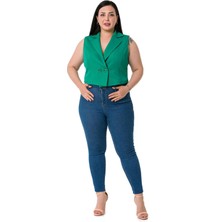 Disentis Modest Büyük Beden Kruvaze Çift Düğmeli Yeşil Mini Yelek