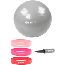 Delta 55 cm Pilates Topu 3'lü Squat Bandı Egzersiz Direnç Lastiği Pilates Topu Pompası 5'li Set
