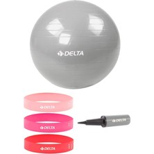 Delta 65 cm Pilates Topu 3'lü Squat Bandı Egzersiz Direnç Lastiği Pilates Topu Pompası 5'li Set