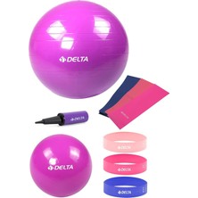 Delta 55-20 cm Pilates Topu 3'lü Pilates Bandı 3'lü Squat Bandı Direnç Lastiği Şişirme Pompası Seti