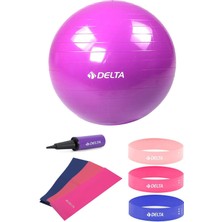 Delta 55 cm Pilates Topu 3'lü Pilates Bandı 3'lü Squat Bandı Direnç Lastiği Şişirme Pompası Seti