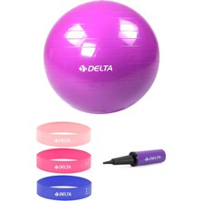 Delta 65 cm Pilates Topu 3'lü Squat Bandı Egzersiz Direnç Lastiği Pilates Topu Pompası 5'li Set