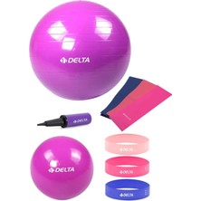 Delta 65-20 cm Pilates Topu 3'lü Pilates Bandı 3'lü Squat Bandı Direnç Lastiği Şişirme Pompası Seti