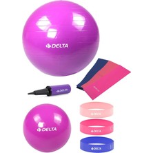 Delta 65-25 cm Pilates Topu 3'lü Pilates Bandı 3'lü Squat Bandı Direnç Lastiği Şişirme Pompası Seti