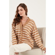 Lela Çizgili V Yaka Düğmeli Triko Hırka Bayan Hırka 4615182