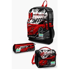 Coral High Kids Siyah Kırmızı Anime Araba Desenli 3’lü Okul Çanta Seti