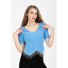 Paradice Kadın Beli Zincir ve Taş Detaylı Kısa Kol Crop Bluz Mavi