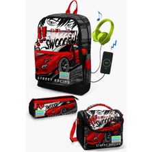 Coral High Kids Siyah Kırmızı Anime Araba Desenli Usb'li 3’lü Okul Çanta Seti