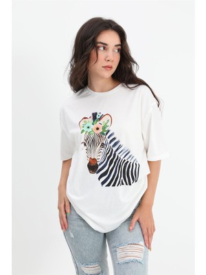 Vapur Tekstil T-Shirt Bisiklet Yaka Zebra Desenli - Ekru