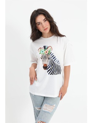 Vapur Tekstil T-Shirt Bisiklet Yaka Zebra Desenli - Ekru