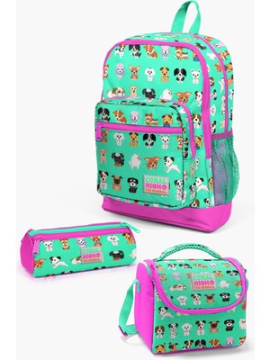 Coral High Kids Su Yeşili Neon Pembe Köpek Desenli 3’lü Okul Çanta Seti SET0123465