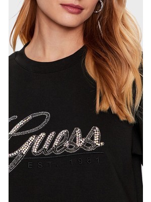 Guess Cn Script Pamuklu Regular Fit Bisiklet Yaka Sweat Bayan Sweat W3YQ03KB932 Jblk