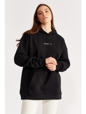 Nalu Arkası Baskılı Kapüşonlu Içi Polarlı Oversize Sweatshirt Siyah