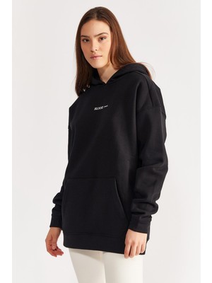 Nalu Arkası Baskılı Kapüşonlu Içi Polarlı Oversize Sweatshirt Siyah