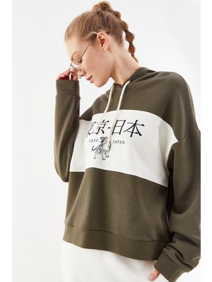 Nalu Ara Panel Baskılı Kapüşonlu Sweatshirt Haki