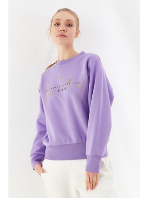 Nalu Victory Baskılı Basic Bisiklet Yaka Içi Polarlı Sweatshirt Lila