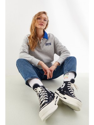 Nalu Kontrast Yaka Detaylı Retro Sweatshirt Gri Melanj