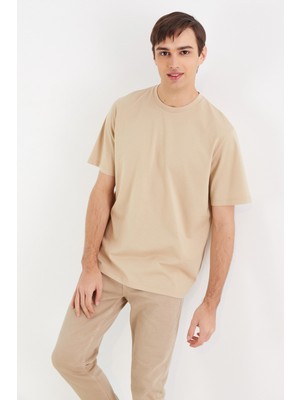 Nalu Oversize Basic Erkek T-Shirt Bej