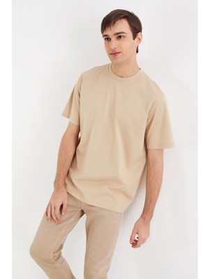 Nalu Oversize Basic Erkek T-Shirt Bej