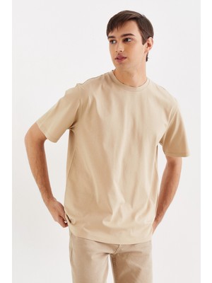 Nalu Oversize Basic Erkek T-Shirt Bej