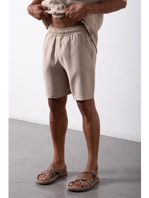 Machinist Regular Beli Lastikli Keten Şort Bej