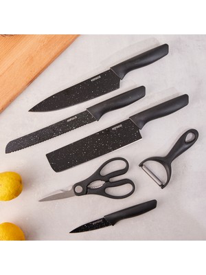 Karaca Black Stone 6 Parça Satır, Makas ve Soyacaklı Bıçak Seti