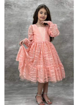 Kız Çocuk Kolları Transparan Yakası Inci Boncuklu Etek Ucu Fırfırlı Somon Abiye