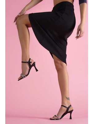 Divolya Fain Siyah Simli Kumaş Ince Taş Örgülü Günlük Kullanım Topuklu Ayakkabı