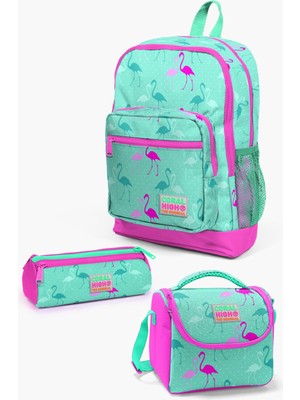 Coral High Kids Su Yeşili-Neon Pembe Flamingo Desenli 3’lü Okul Çanta Seti – Sırt Çantası, Beslenme Çantası ve Kalemlik
