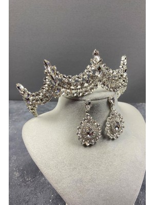 Hayalperest Boncuk Venedik Taşlı Gelin Tacı ve Damla Küpe Seti