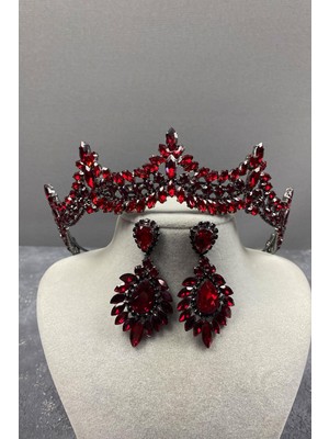 Hayalperest Boncuk Bordo Venedik Taşlı Gelin Kına Tacı ve Damla Mekikli Küpe Seti