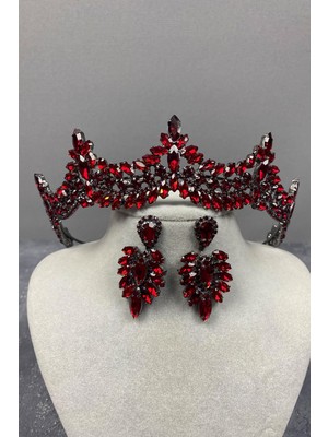 Hayalperest Boncuk Bordo Venedik Taşlı Gelin Kına Tacı ve Damlalı Küpe Seti