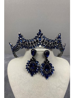 Hayalperest Boncuk Lacivert Venedik Taşlı Gelin Kına Tacı ve Damla Mekikli Küpe Seti