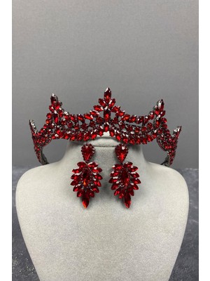 Hayalperest Boncuk Kırmızı Venedik Taşlı Gelin Kına Tacı ve Damlalı Küpe Seti