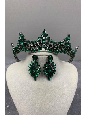 Hayalperest Boncuk Yeşil Venedik Taşlı Gelin Kına Tacı ve Damlalı Küpe Seti