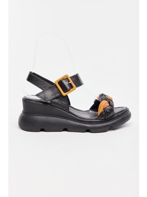 Derinet Dolgu Taban Hakiki Deri Kadın Sandalet