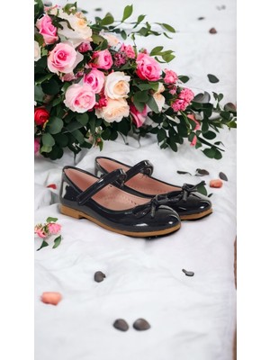 Albishoes Kız Çocuk Fiyonklu Cırtlı Rahat Taban Siyah Rugan Kız Çocuk Babet  Ayakkabı