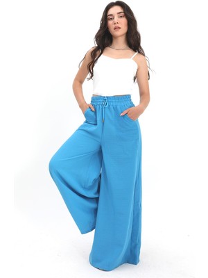 Anjea Geniş Kemerli Bol Paça Düz Keten Kadın Pantolon - Açık Mavi