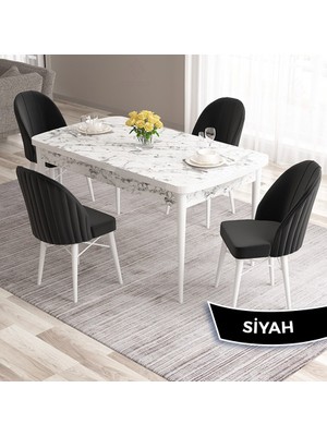 Canisa Concept Ves Serisi 80X132 Mdf Açılabilir Beyaz Mermer Desen Mutfak Masası Takımı 4 Sandalye