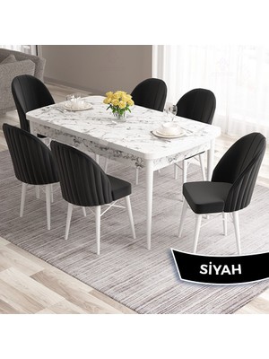 Canisa Concept Ves Serisi 80X132 Mdf Açılabilir Beyaz Mermer Desen Mutfak Masa Takımı 6 Sandalye